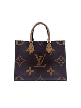 Louis Vuitton On The Go MM Monogram Giant Reverse Leather Brown Beige Tote Gold